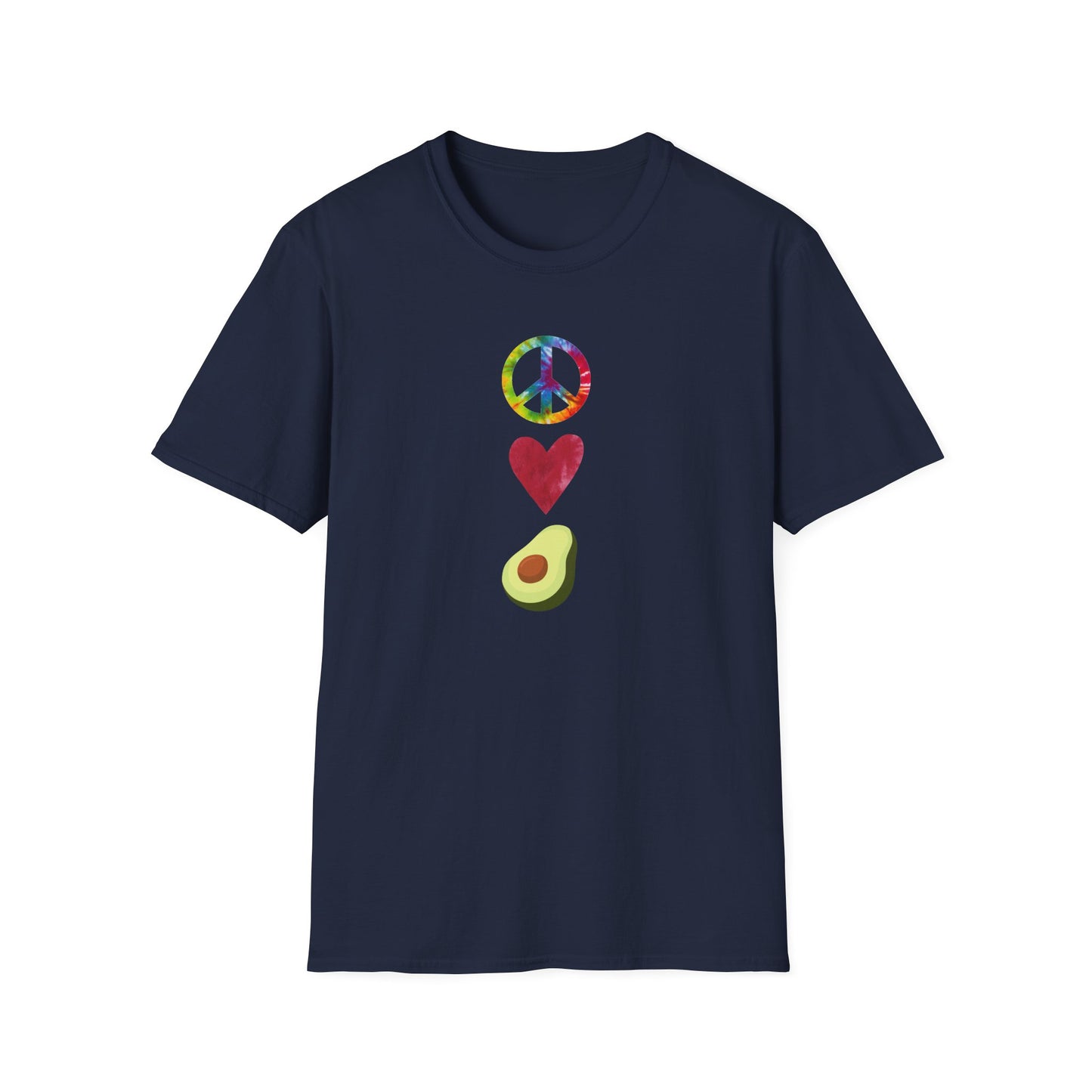 Peace Love Avocado T‑Shirt — Tie‑Dye Peace Sign, Heart & Avocado Graphic Tee