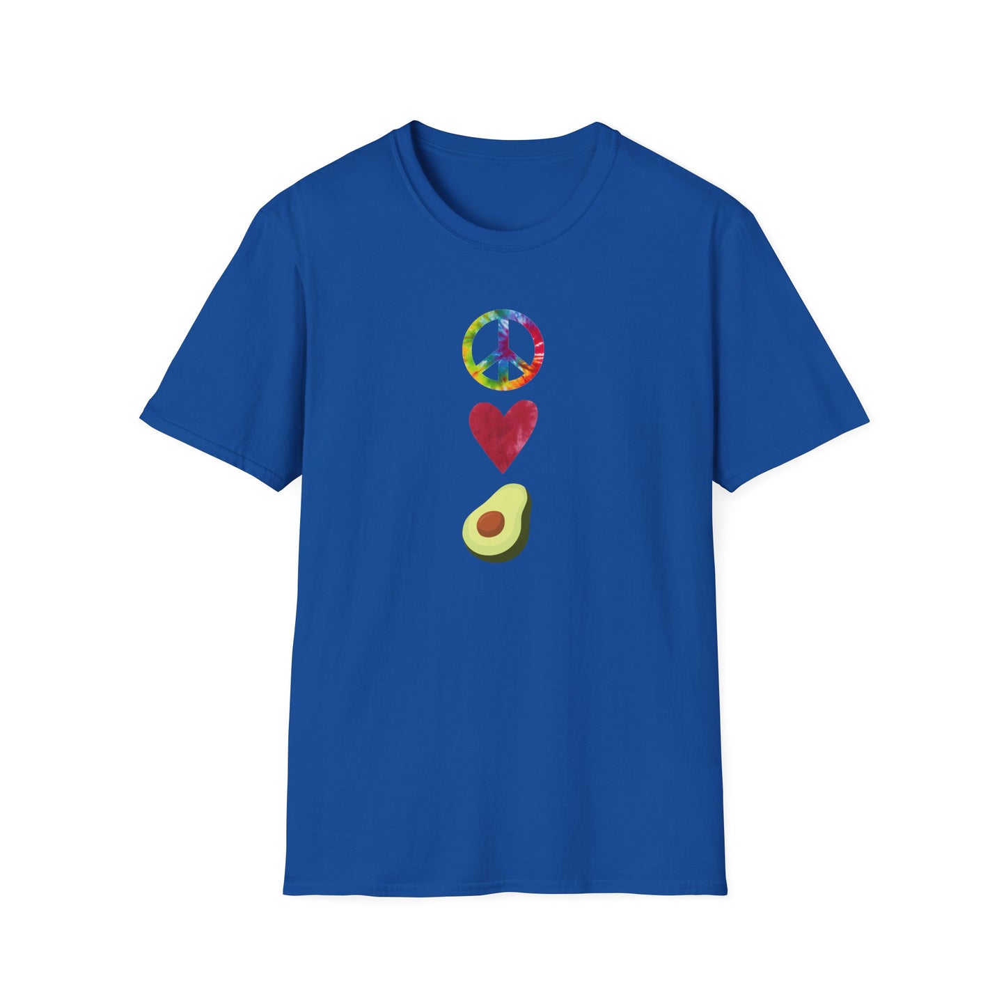 Peace Love Avocado T‑Shirt — Tie‑Dye Peace Sign, Heart & Avocado Graphic Tee