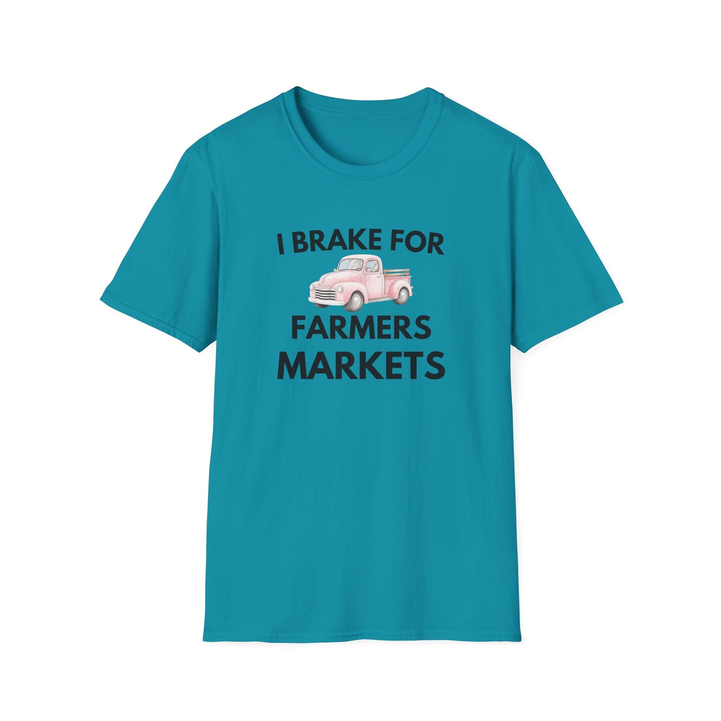 I Brake for Farmers Markets T-Shirt — Vintage Pink Truck Market Tee
