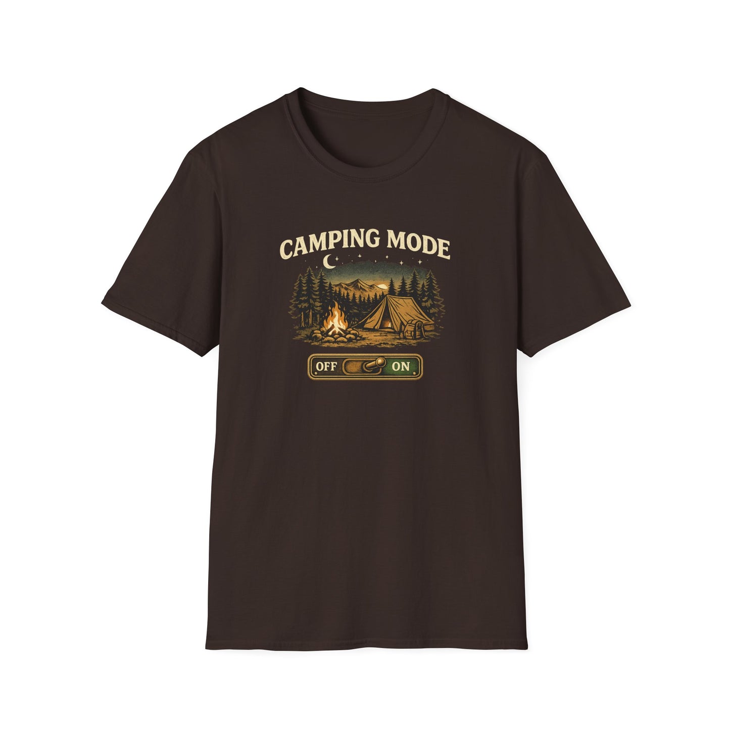 Camping Mode T-Shirt — Scenic Tent & Campfire Graphic
