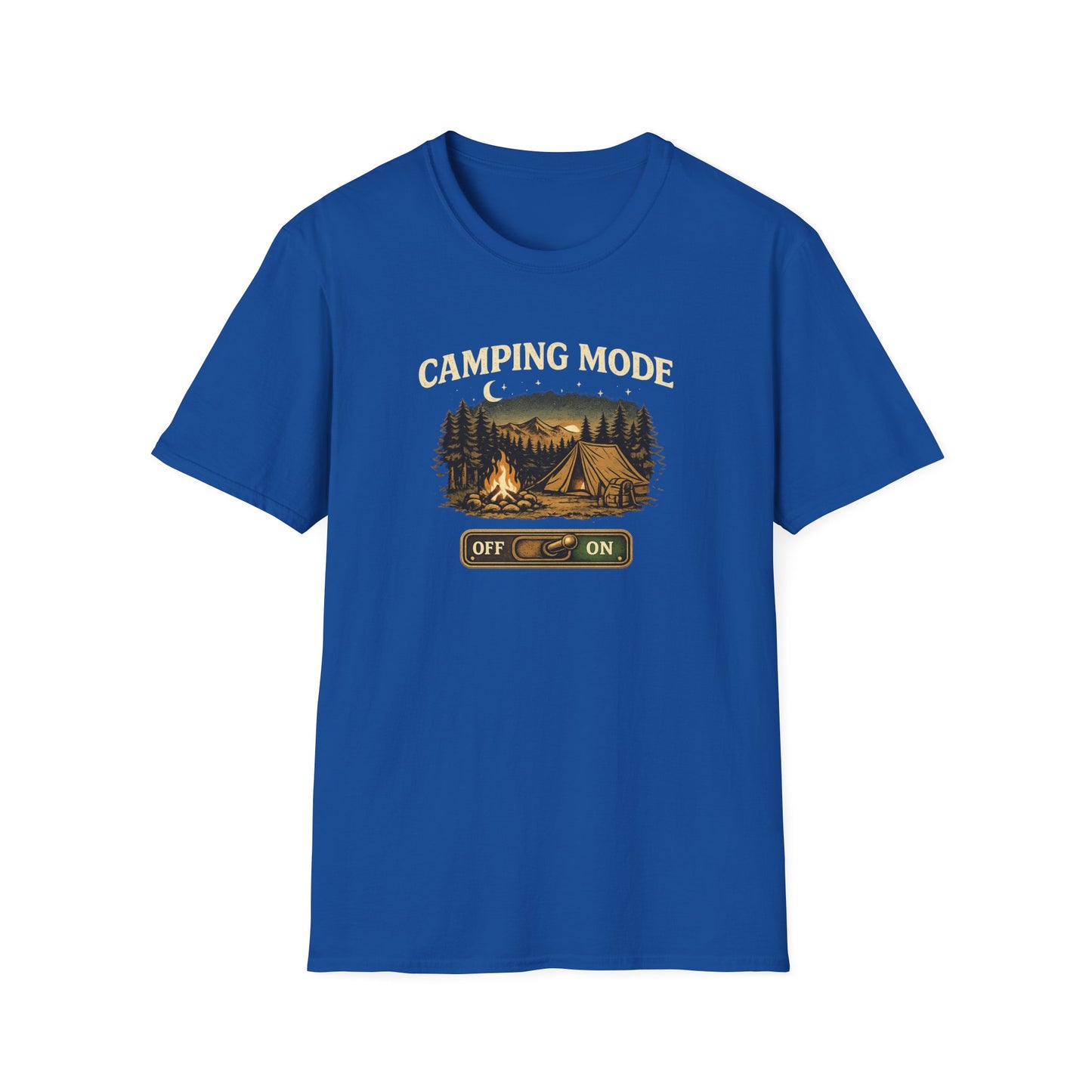 Camping Mode T-Shirt — Scenic Tent & Campfire Graphic