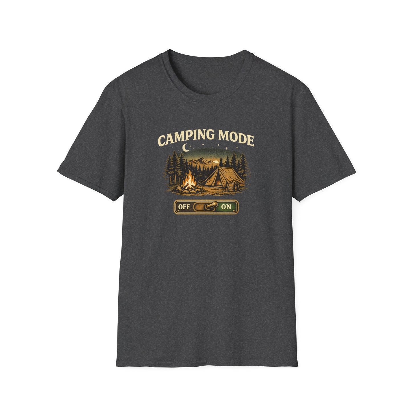 Camping Mode T-Shirt — Scenic Tent & Campfire Graphic