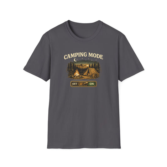 Camping Mode T-Shirt — Scenic Tent & Campfire Graphic