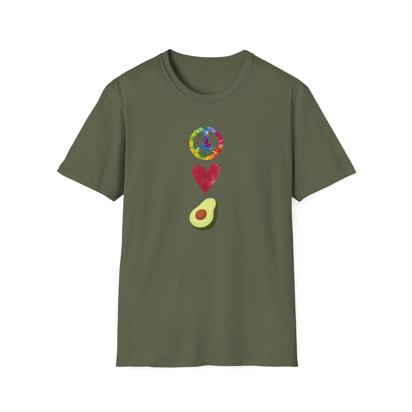 Peace Love Avocado T‑Shirt — Tie‑Dye Peace Sign, Heart & Avocado Graphic Tee