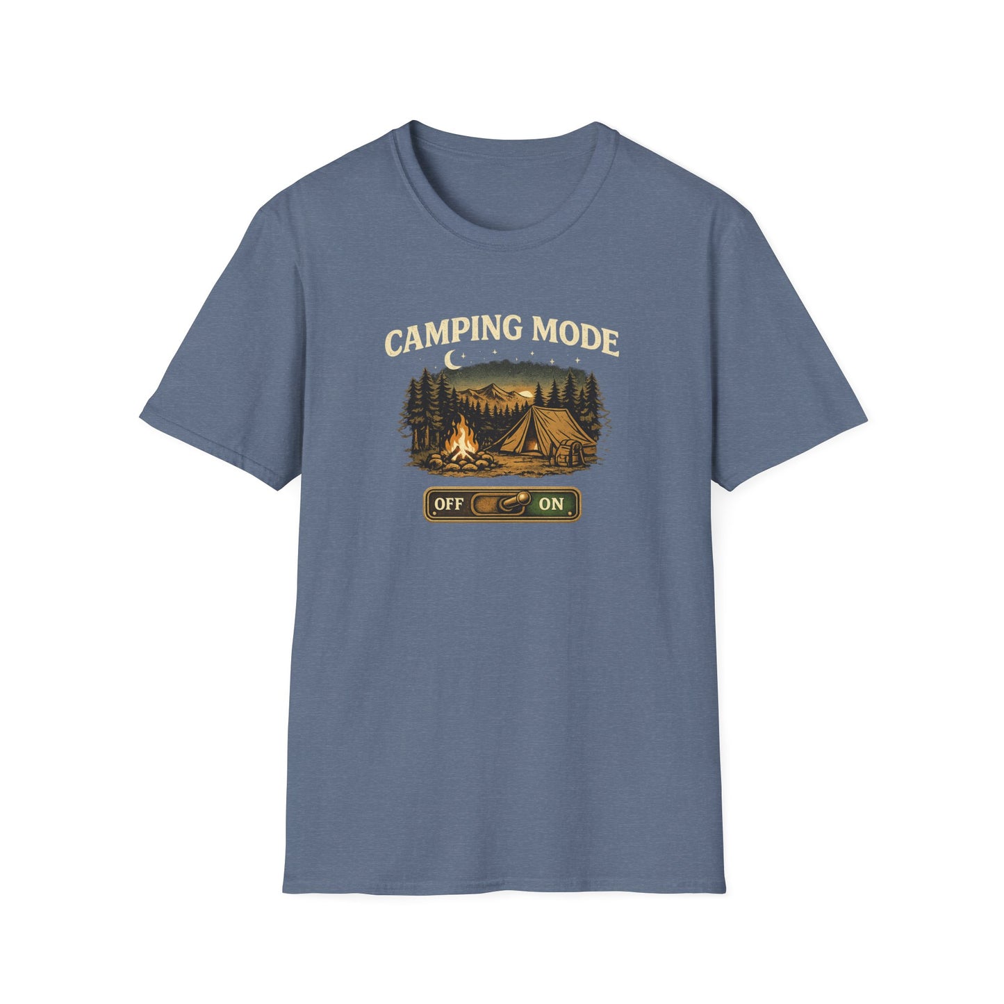 Camping Mode T-Shirt — Scenic Tent & Campfire Graphic