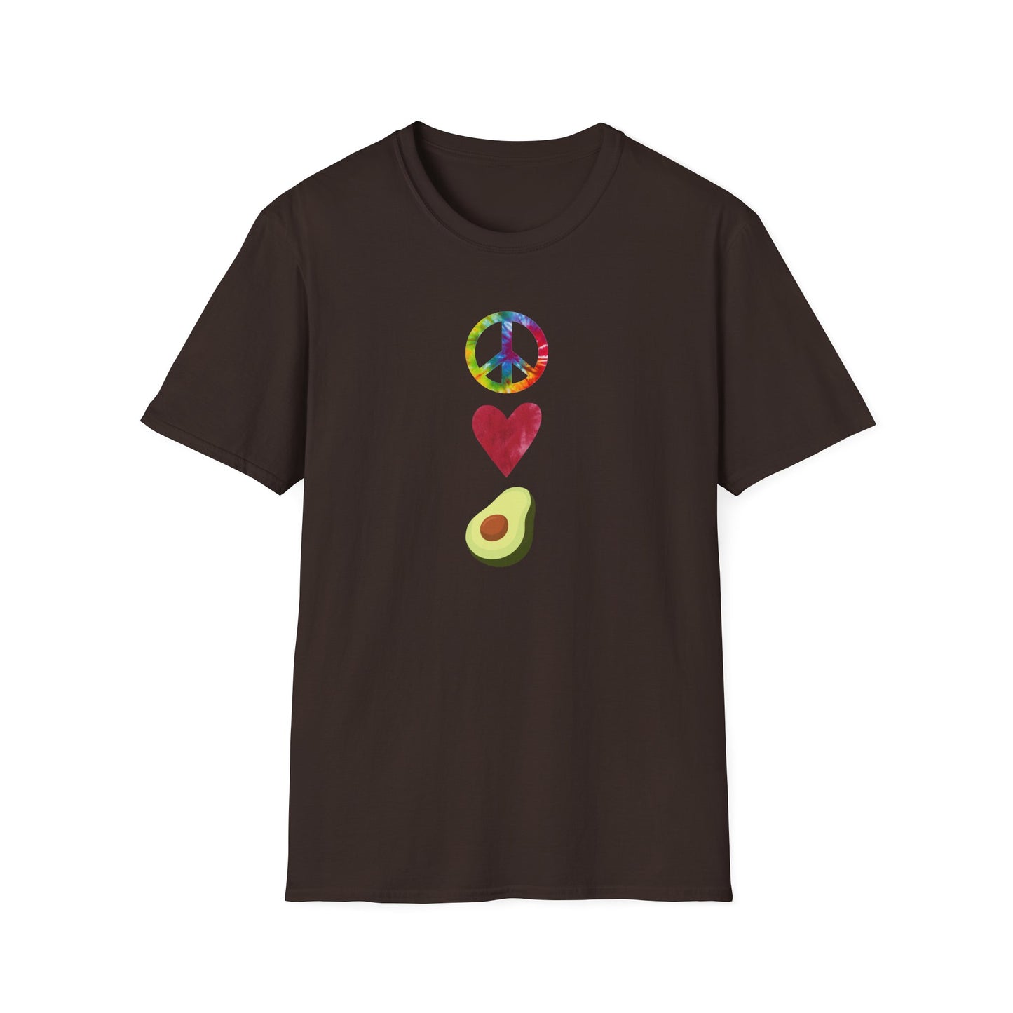 Peace Love Avocado T‑Shirt — Tie‑Dye Peace Sign, Heart & Avocado Graphic Tee