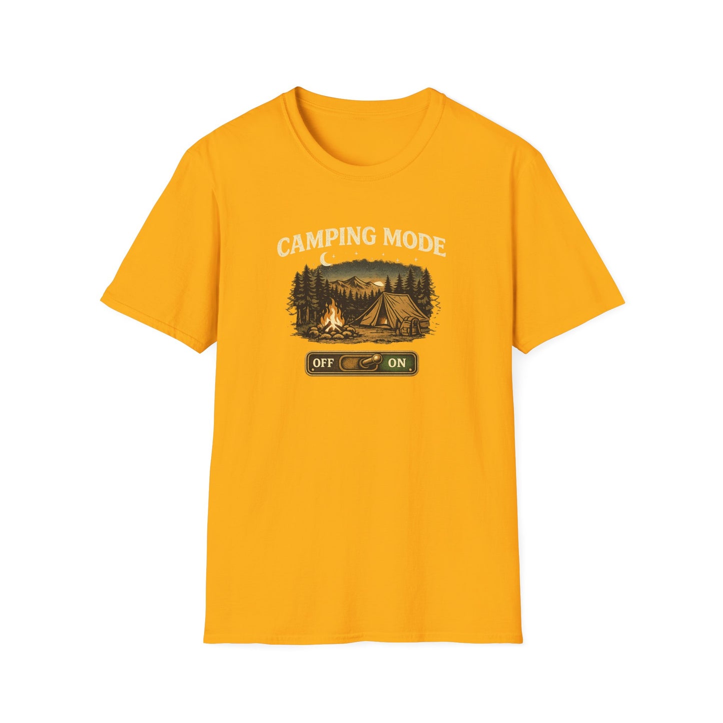 Camping Mode T-Shirt — Scenic Tent & Campfire Graphic