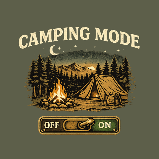 Camping Mode T-Shirt — Scenic Tent & Campfire Graphic