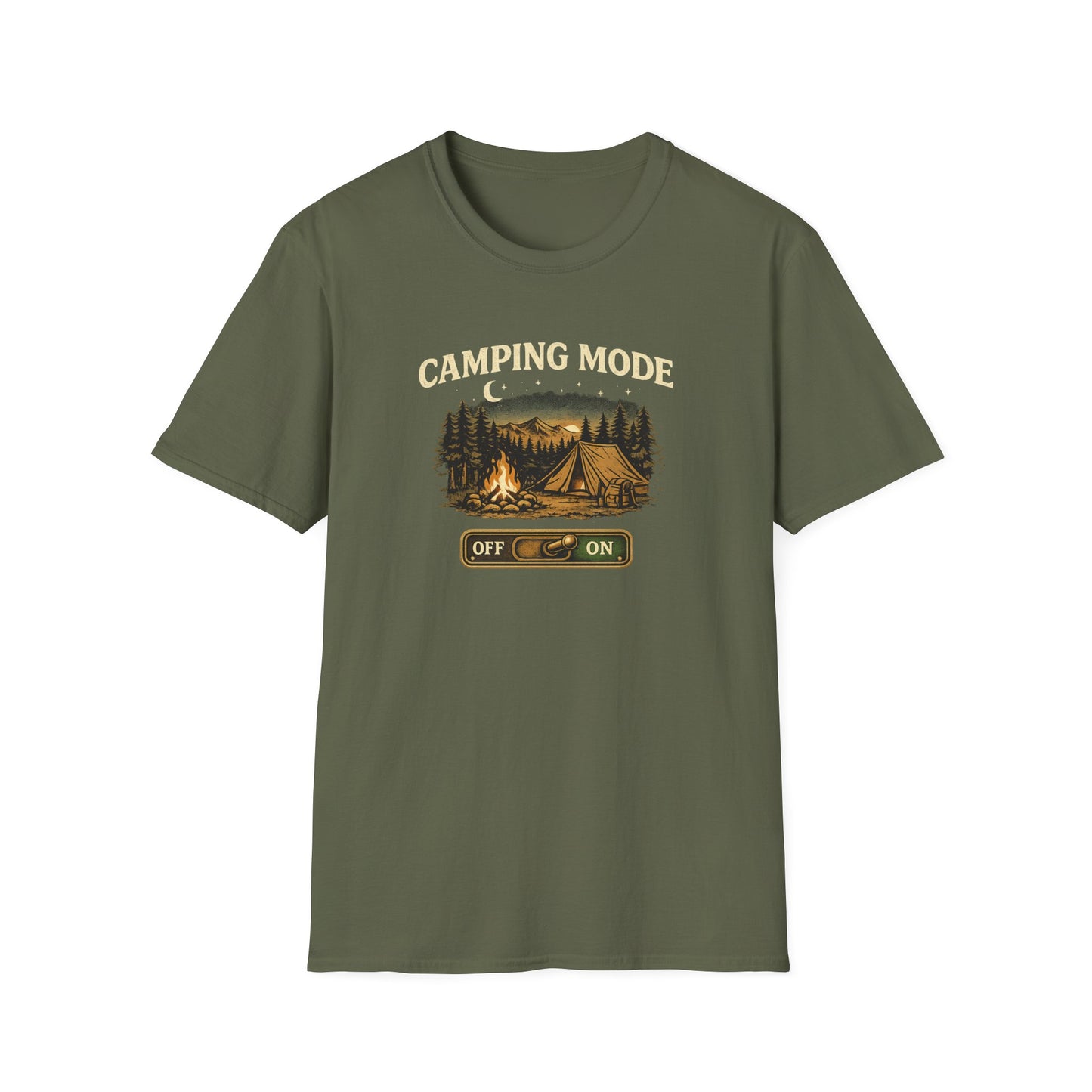 Camping Mode T-Shirt — Scenic Tent & Campfire Graphic
