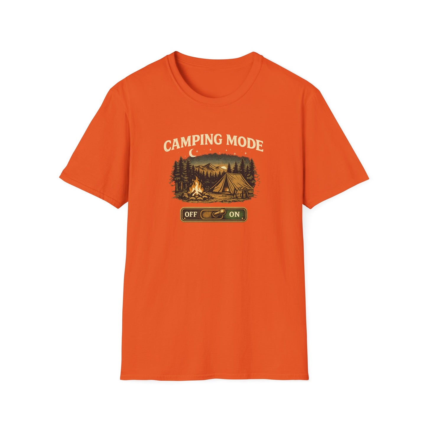 Camping Mode T-Shirt — Scenic Tent & Campfire Graphic