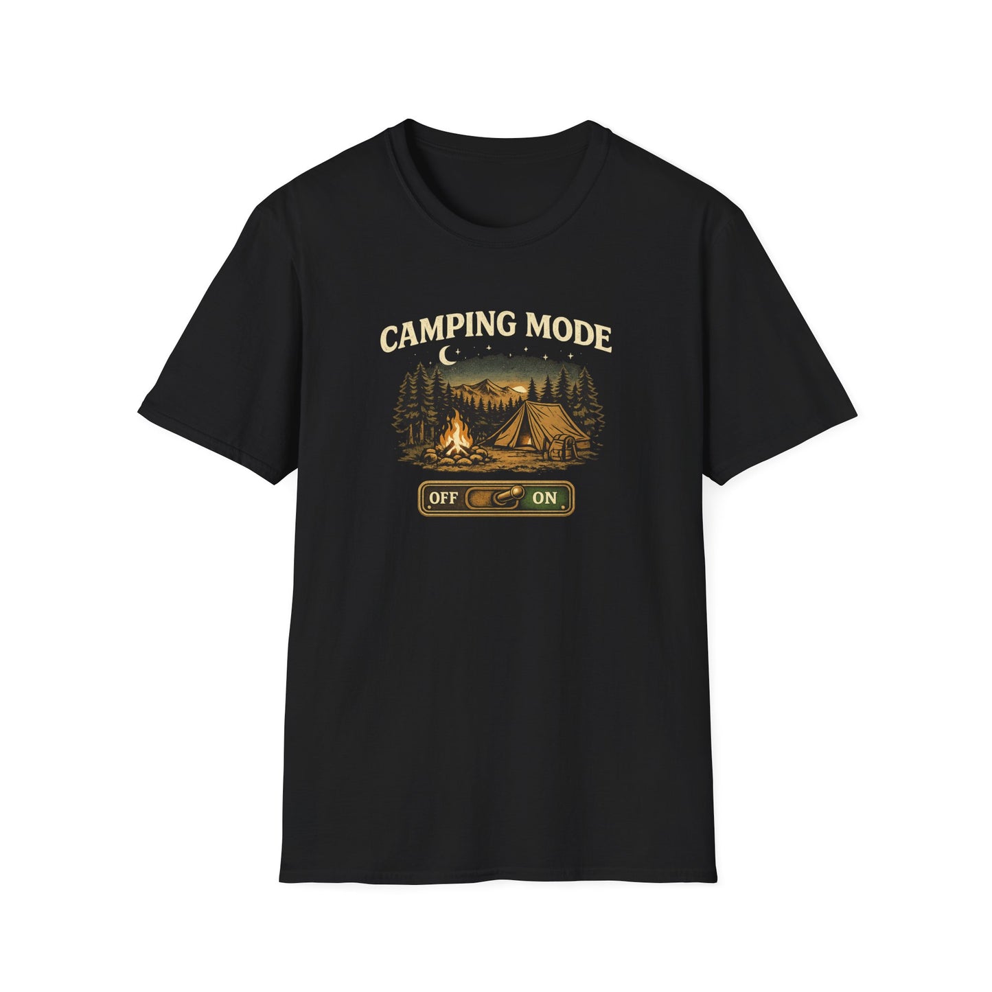 Camping Mode T-Shirt — Scenic Tent & Campfire Graphic