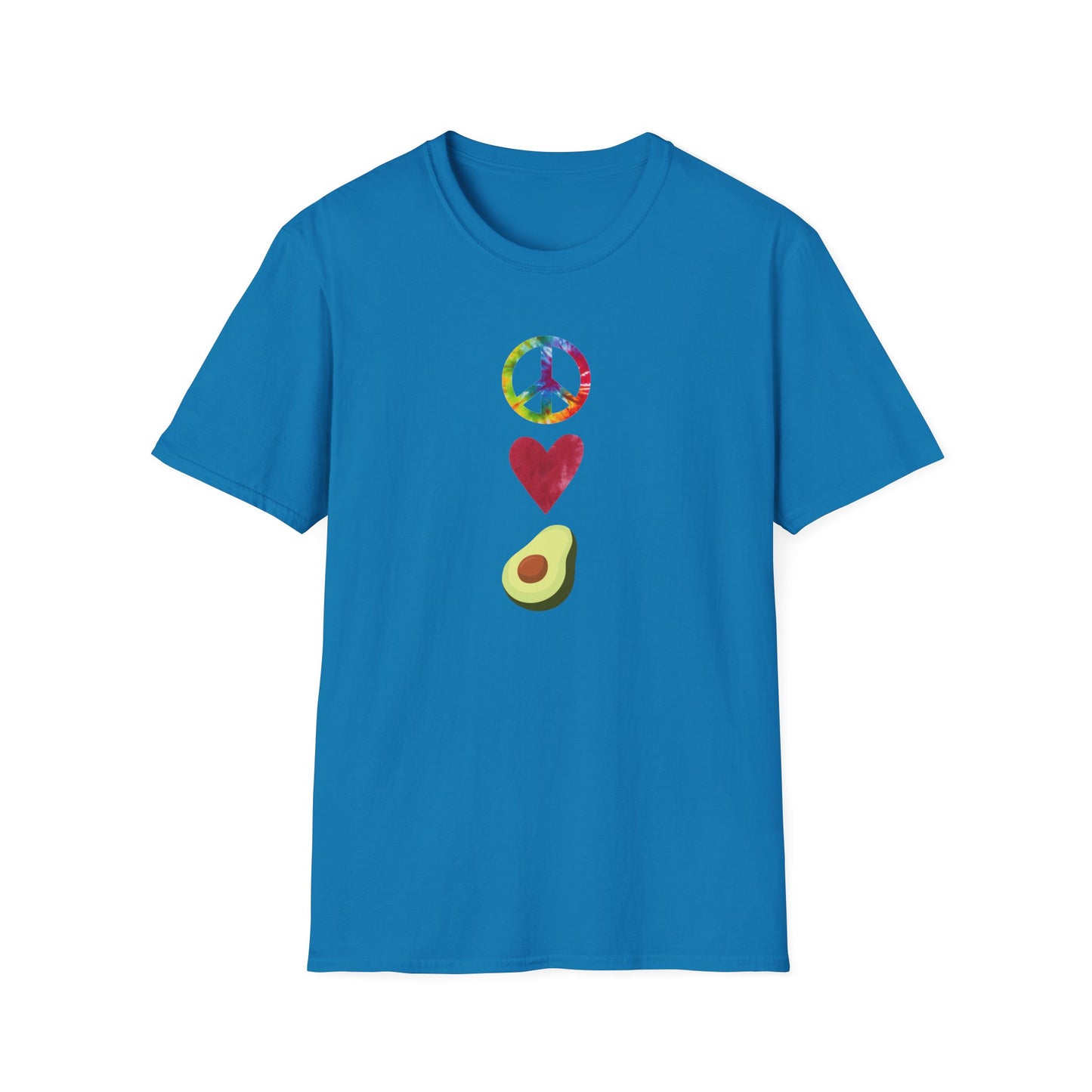 Peace Love Avocado T‑Shirt — Tie‑Dye Peace Sign, Heart & Avocado Graphic Tee
