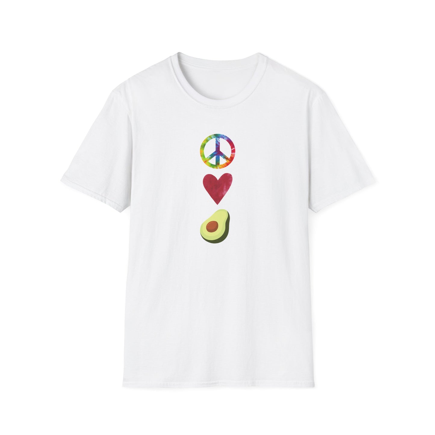 Peace Love Avocado T‑Shirt — Tie‑Dye Peace Sign, Heart & Avocado Graphic Tee