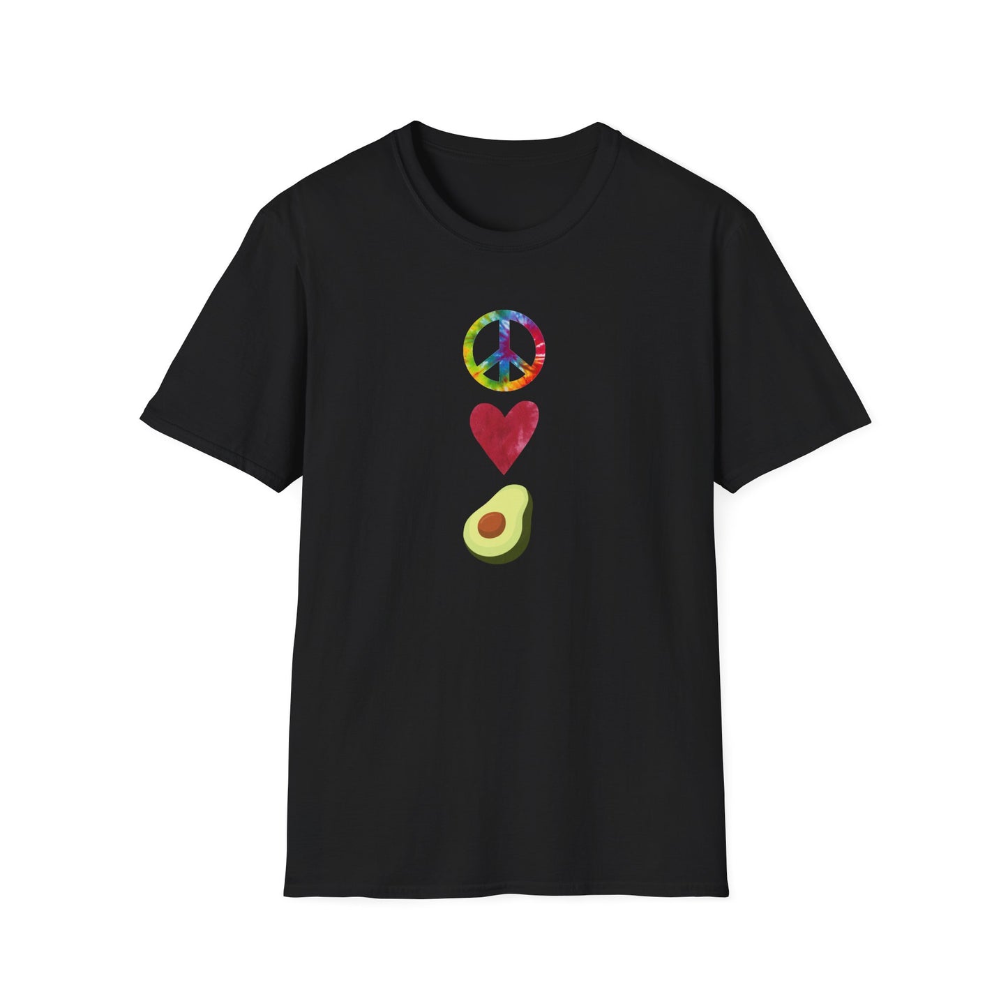 Peace Love Avocado T‑Shirt — Tie‑Dye Peace Sign, Heart & Avocado Graphic Tee