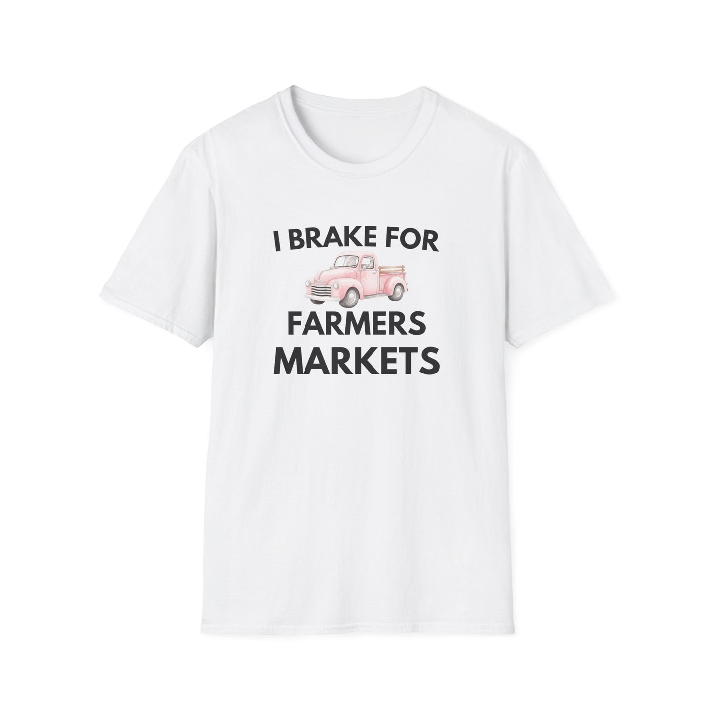 I Brake for Farmers Markets T-Shirt — Vintage Pink Truck Market Tee