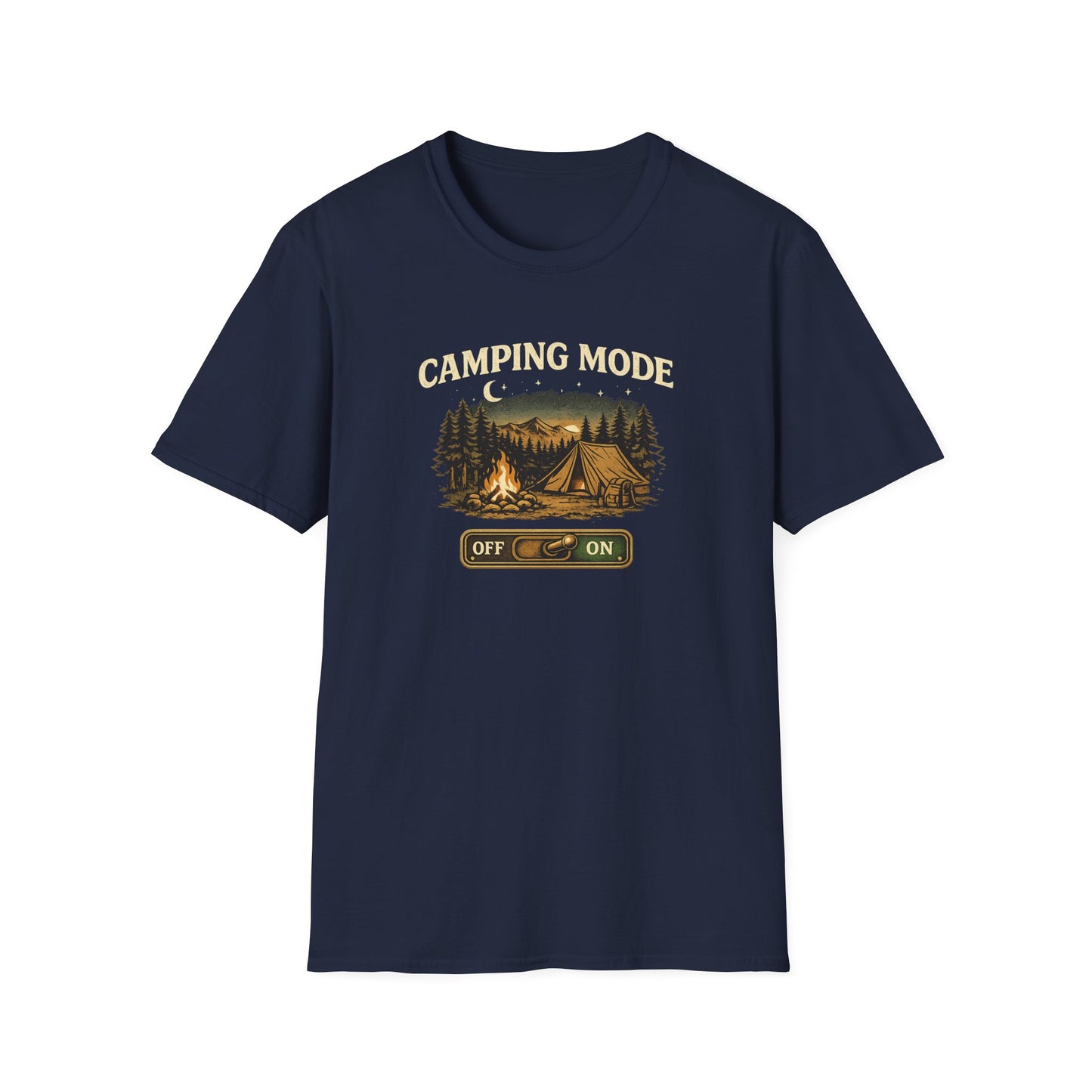Camping Mode T-Shirt — Scenic Tent & Campfire Graphic