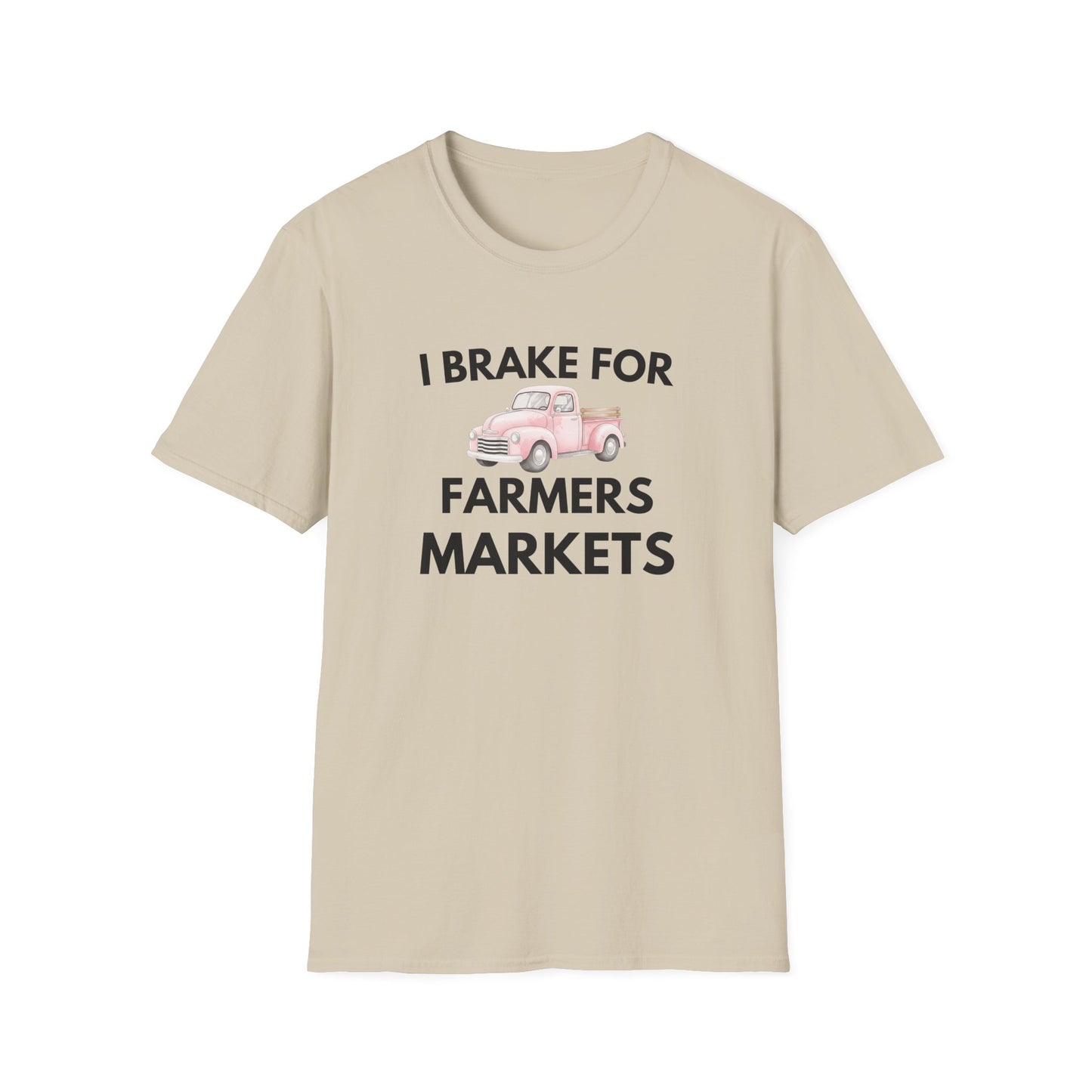 I Brake for Farmers Markets T-Shirt — Vintage Pink Truck Market Tee