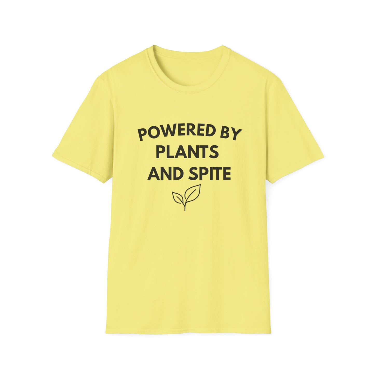 Powered by Plants and Spite T-Shirt — Funny Vegan Plant-Lover Tee