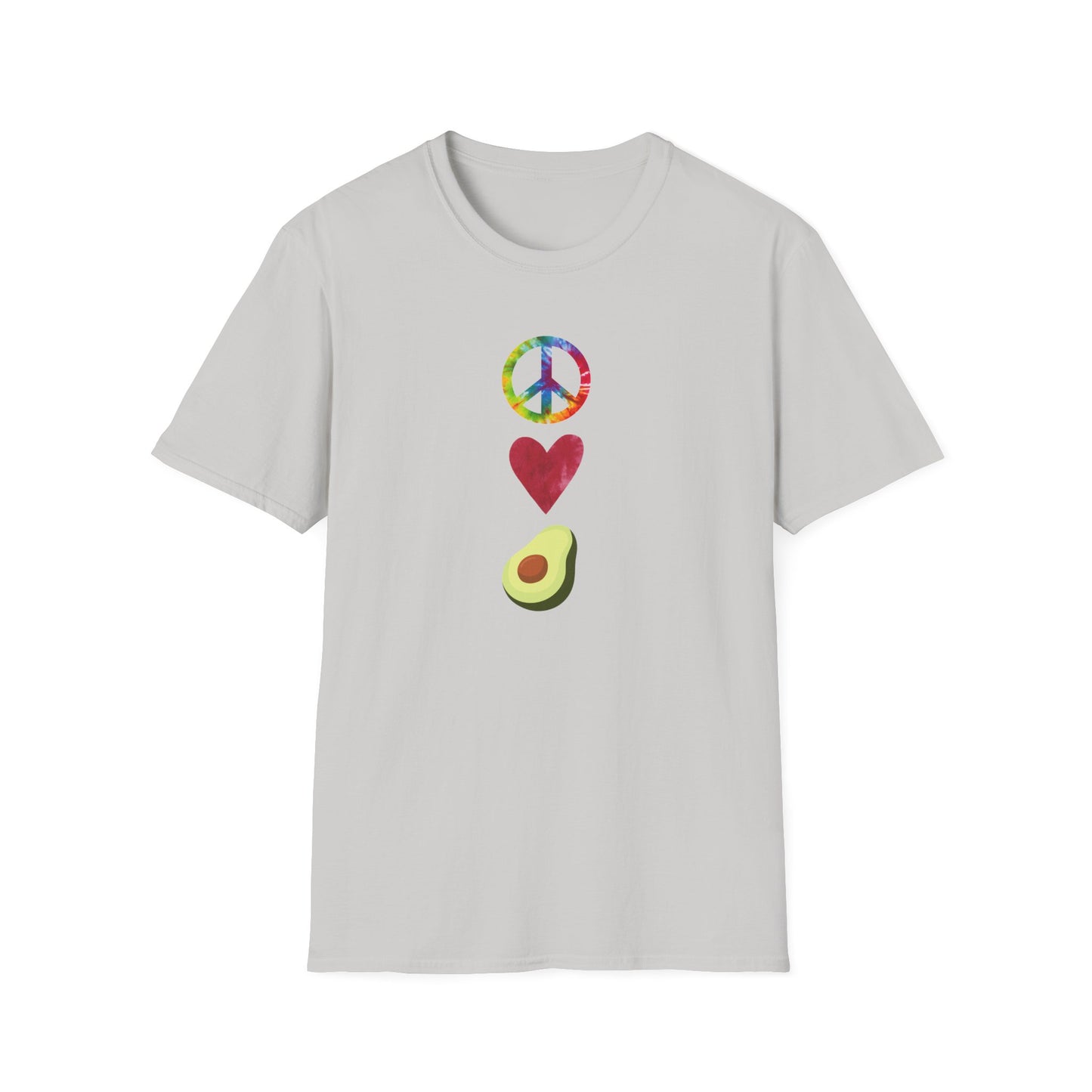 Peace Love Avocado T‑Shirt — Tie‑Dye Peace Sign, Heart & Avocado Graphic Tee